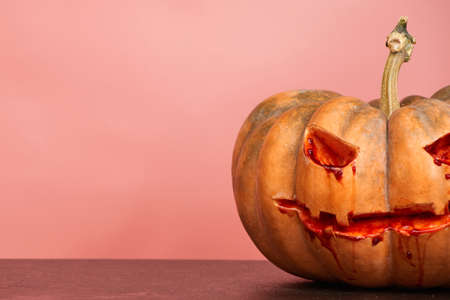 halloween pumpkins on pink background copy space