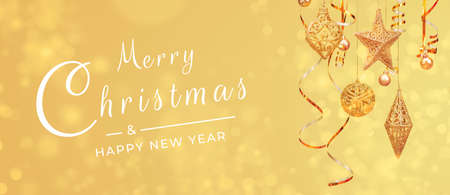 Merry Christmas postcard banner, decorations on yellow backgroundの写真素材