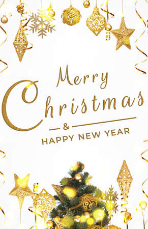 Merry Christmas postcard banner, decorations on white backgroundの写真素材