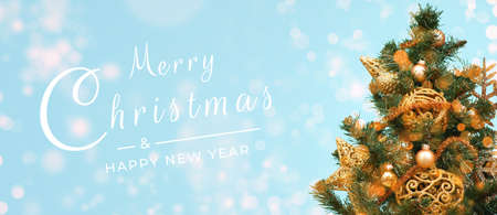 Merry Christmas postcard banner, decorations on blue backgroundの写真素材