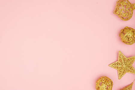 Merry Christmas postcard banner, decorations on pink background, copy spaceの写真素材