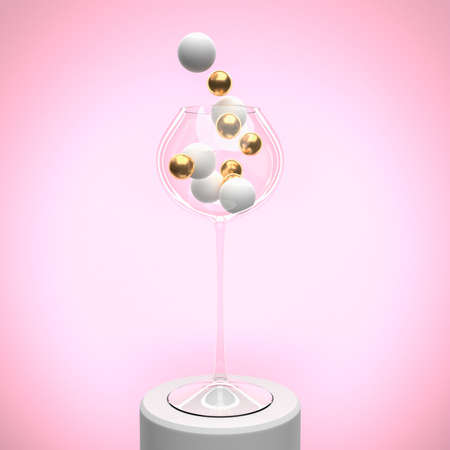 christmas concept, glass with balls on pink background, copy spaceの写真素材