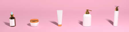 set of cosmetic jars on a pink background, banner, mocapの写真素材