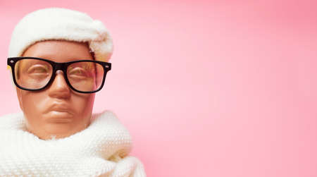 mannequin with glasses and a scarf, discounts on winter clothes and accessories, on a pink background, banner, copy spaceの写真素材