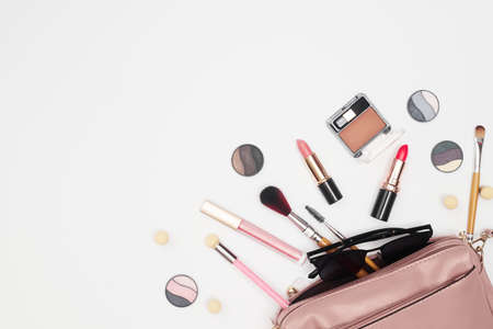 set of professional cosmetics, makeup tools and accessories on white background, beauty, fashion, shopping concept, flat layの写真素材
