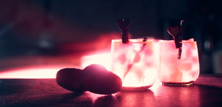 happy valentines day concept, bar cocktails for lovers on the bar counter copies spaceの写真素材
