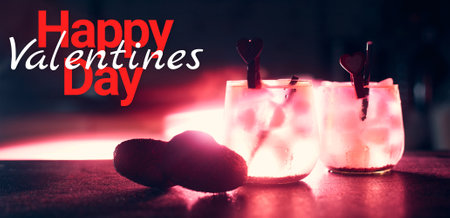 happy valentines day concept, bar cocktails for lovers on the bar counter copies space