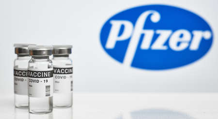 Kremenchuk, Ukraine - 03.02.2021: Pfizer Inc. Coronavirus vaccine. on a white backgroundのeditorial素材