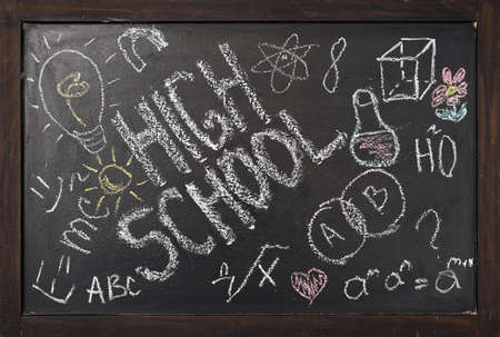 the inscription on the school blackboard, high schoolの写真素材
