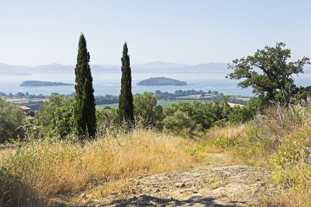 view on the Isola Maggiore and Isola Minore in the lake of Trasimeno, Italyの写真素材