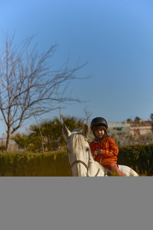 young child 4-years-old woman jockey in equestrian clothing riding a white horse inside an equestrian training ground. environment mixed between ruralの写真素材