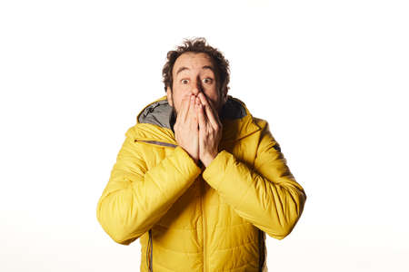 astonished mature bearded man open mouth incredible sales isolated over white color background. copy spaceの写真素材