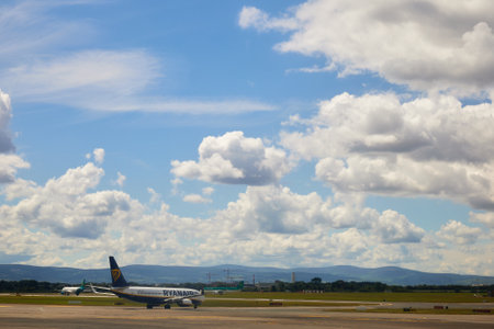 Dublin, airport, Ryanair ready to take off with copy space in a cloudy dayのeditorial素材