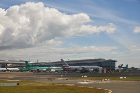 Dublin, airport, aircraft on runway. terminal of departures. Travel, holidays. tourism