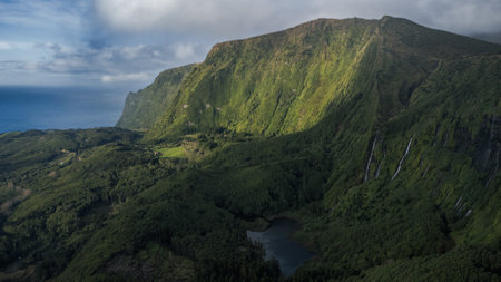Azores landscape with waterfalls and cliffs in Flores island. Portugal.の写真素材