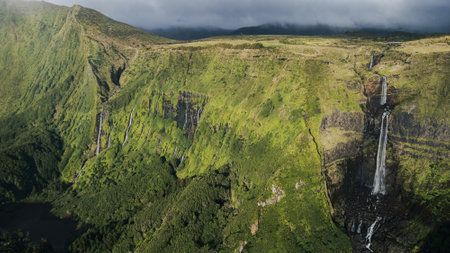 Azores landscape with waterfalls and cliffs in Flores island. Portugal.の写真素材