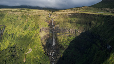 Azores landscape with waterfalls and cliffs in Flores island. Portugal.の写真素材