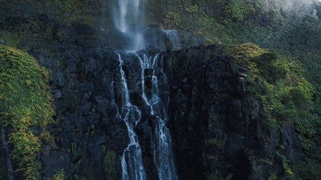 Azores landscape with waterfalls and cliffs in Flores island. Portugal.の写真素材