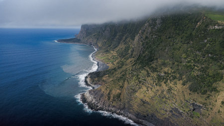 Azores landscape with waterfalls and cliffs in Flores island. Portugal.の写真素材