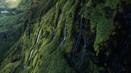 Azores landscape with waterfalls and cliffs in Flores island. Portugal.の写真素材
