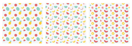 Summertime fruits patterns set. Watermelon, pineapple, strawberries.のイラスト素材