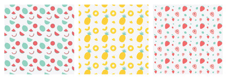 Summertime fruits patterns set. Watermelon, pineapple, strawberries.のイラスト素材
