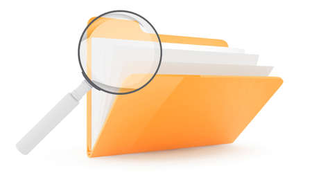 Folder with lens on wite backgroundの写真素材