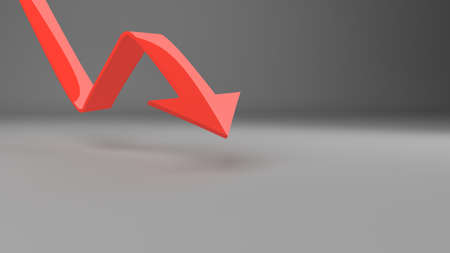 3d red arrow down on grey background for use in presentations, education manuals, design, etc. 3D illustrationの写真素材
