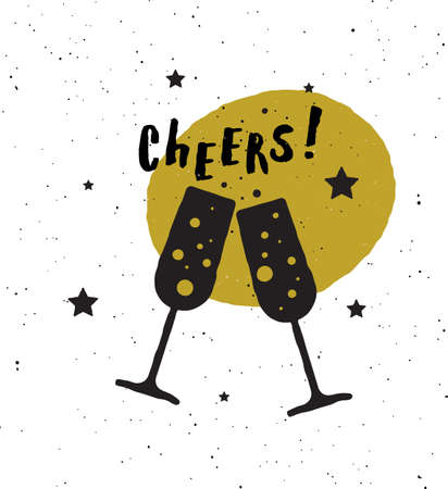 Cheers. Lettering poster. Two glasses of champagne and stars. Silhouettes.のイラスト素材