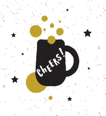Cheers. Lettering poster. Beer glass and stars. Silhouettes.のイラスト素材