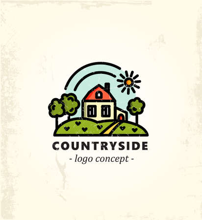 Countryside. Agricultural logo concept in linear style.のイラスト素材