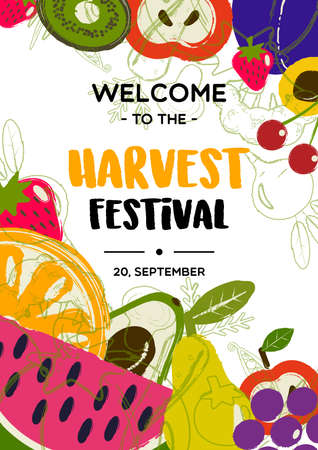 Harvest festival. Poster with illustration of fruits. Design concept for fall party invitation, flyer, banner, poster.のイラスト素材