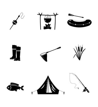 Fishing. Black silhouettes isolated on white background. Illustration of different fishing attributes.のイラスト素材