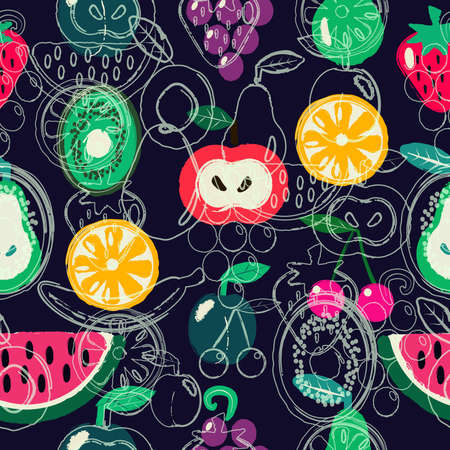 Fruits seamless pattern. Concept for restaurant menu backdrop, smoothies bar, eco market. Hand drawn...