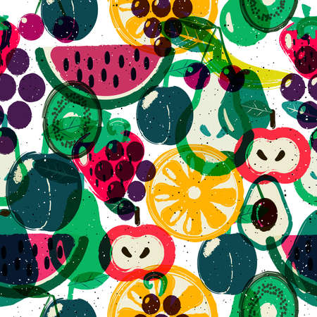 Fruits seamless pattern Concept for restaurant menu backdrop, smoothies bar, eco market. Hand drawn style.のイラスト素材