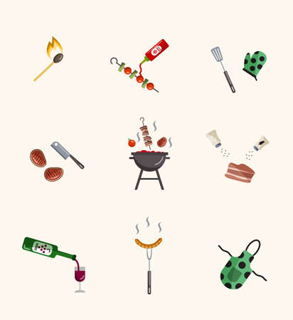Barbeque and grill icons collection. Illustration of different grill cooking attributes.の写真素材