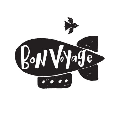 Bon voyage. Hand lettering card. Authentic illustration of zeppelin and bird. Ideal for travel company advertising.のイラスト素材