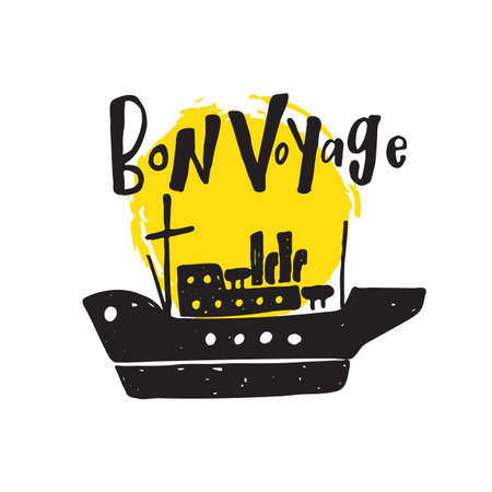 Bon voyage. Hand lettering card. Illustration of retro ship. Design concept for travel agency advertising.のイラスト素材