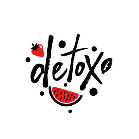Detox. Hand lettering with illustration of watermelon and strawberry. Design for cafe, restaurant menu, labels.のイラスト素材