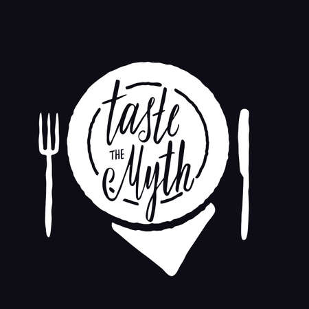 Taste the myth. Hand lettering inscription with illustration of table setting. Idea for restaurant, cafe promotion, advertisingのイラスト素材