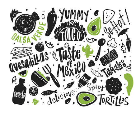 Taste of Mexico. Hand drawn illustration and lettering with different mexican food and symbols.のイラスト素材