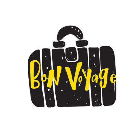Bon voyage. Hand lettering card. Illustration of travel suitcase. Print, travel agency promo concept.のイラスト素材