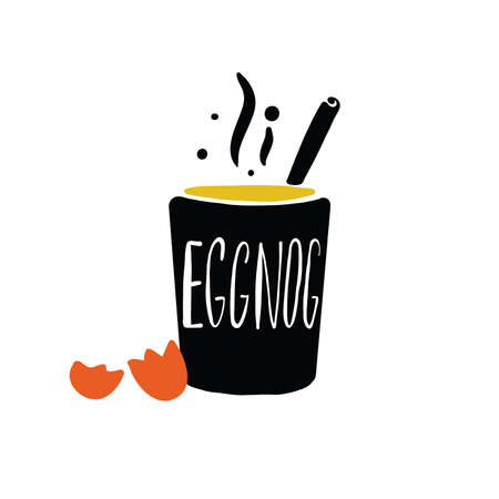 Eggnog. Hand written lettering. Illustration of glass and egg shell with the name of drink inside. Vector.のイラスト素材