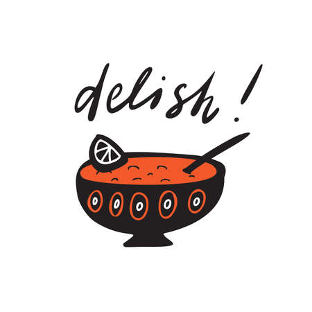 Illustration of funny bowl with eastern ornament and inscription delish. Menu element. Vector.のイラスト素材