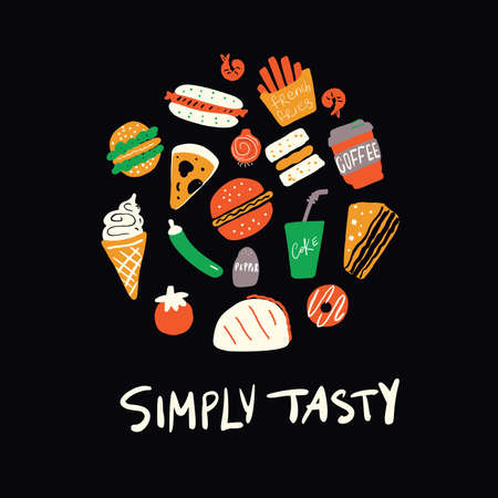 Simply tasty . Funny hand drawn circle illustration of different fast food. Vector designのイラスト素材