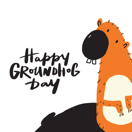 Happy groundhog day. Funny hand drawn illustration of groundhog with inscription. Vector.のイラスト素材