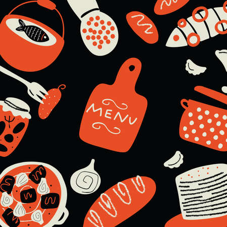 Russian traditional food. Menu template. Funny hand drawn illustration. Vector design. Black background.のイラスト素材