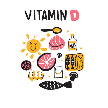 Vitamin D sources. Hand drawn circle illustration of different food rich of vitamin d. Vectorのイラスト素材