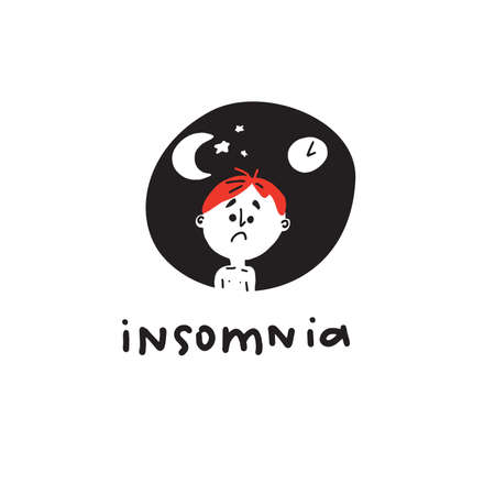 Insomnia. Funny hand drawn illustration of man suffers from insomnia. Vectorのイラスト素材