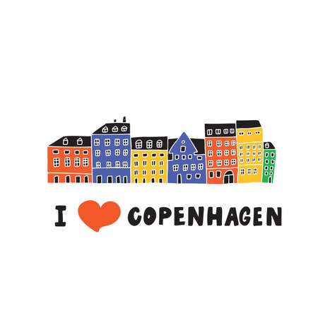 I love Copenhagen. Illustration of Copenhagen houses view. Nyhavn. Doodle. Vectorのイラスト素材